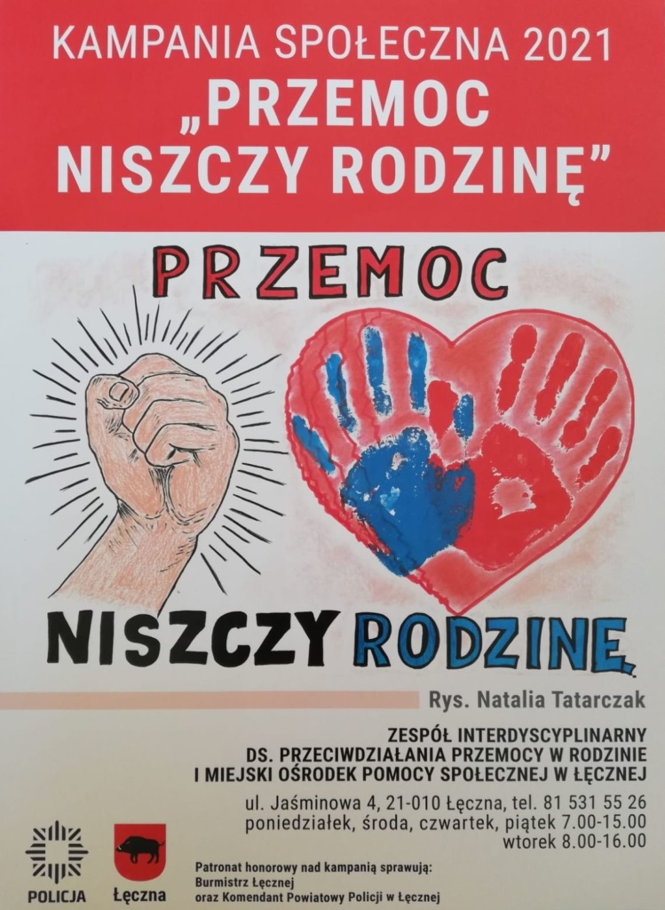 Plakat promujący akcję „Przemoc niszczy rodzinę” – zaciśnięta pięść, obok serce, na którym widnieją odciśnięte dłonie: niebieska i czerwona