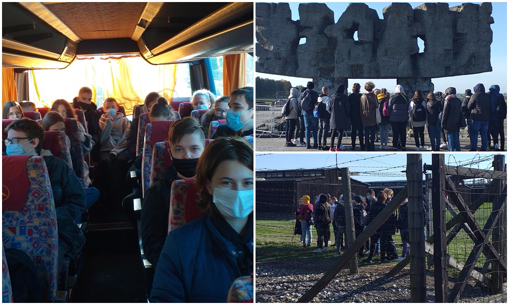 Kolaż zdjęć z wycieczki: uczniowie w autobusie, uczniowie zwróceni przodem do bramy- mauzoleum Majdanek, grupa młodzieży na polu obozowym, za bramą z drutu kolczastego 
