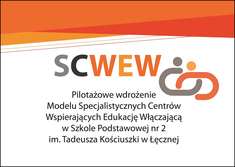 Logo Specjalistycznych Centrów Wspierających Edukację Włączającą. Napis SCWEW i symbol 2 osób na wózkach
