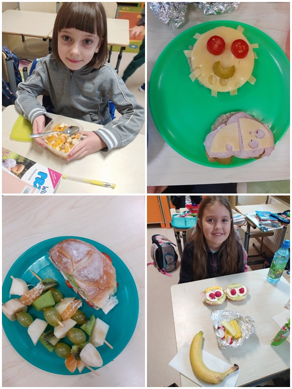 Kolaż zdjęć: kanapka w kształcie słońca, owocowy szaszłyk i bułka z kolorowymi warzywami, Dziewczynka prezentuje swoje zdrowe kanapki z jajkiem, rzodkiewką, papryką, 5.	Dziewczynka je sałatkę owocową