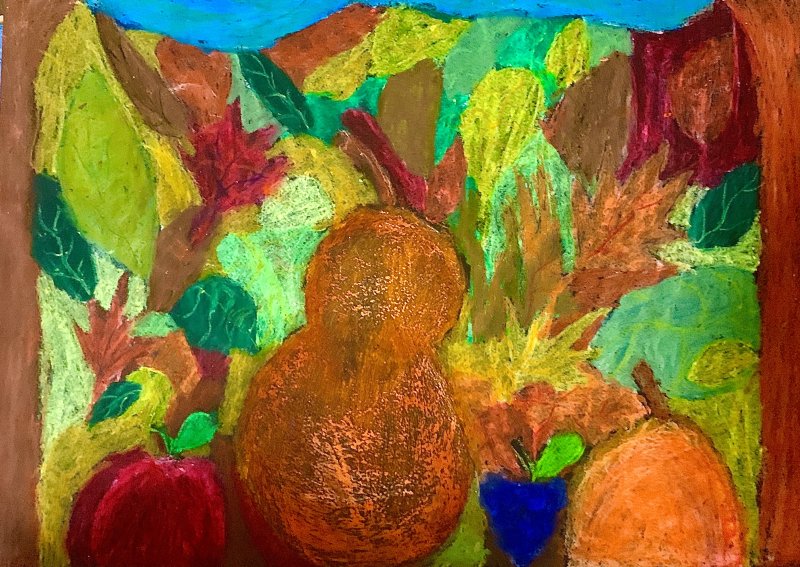 Praca konkursowa laureatki konkursu. Obraz przedstawia owoce i liście o zielonych, żółtych, czerwonych i brązowych barwach