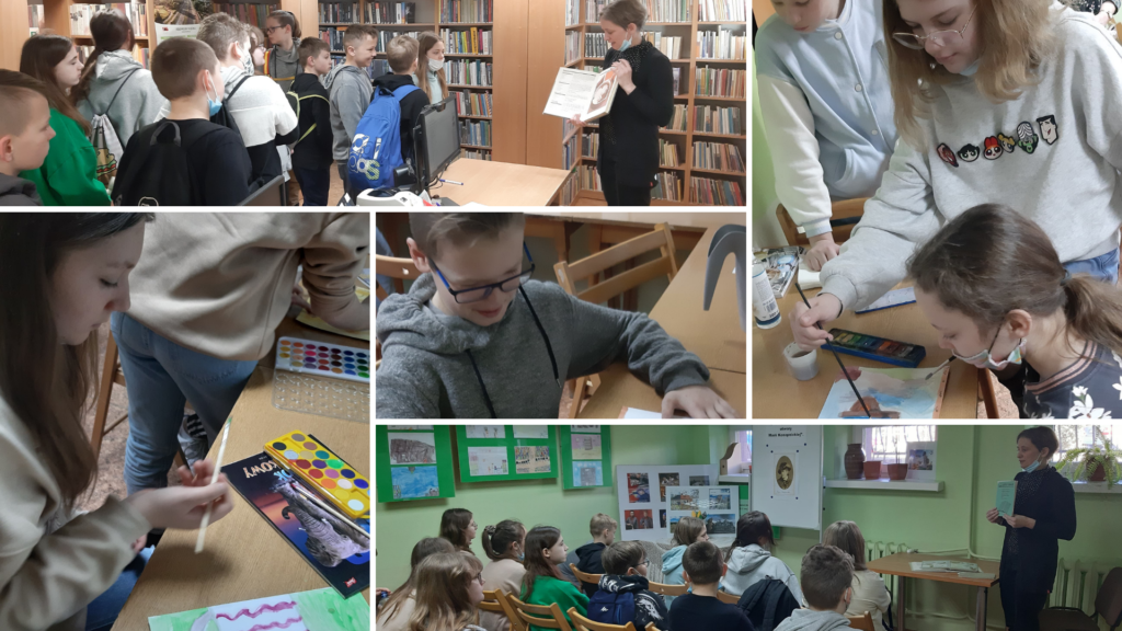 Na zdjęciach widoczne są dzieci z klasy piątej w bibliotece publicznej. Uczniowie zwiedzają bibliotekę i zapoznają się z dostępnym księgozbiorem oraz biorą udział w warsztatach malarskich techniką akwareli. 