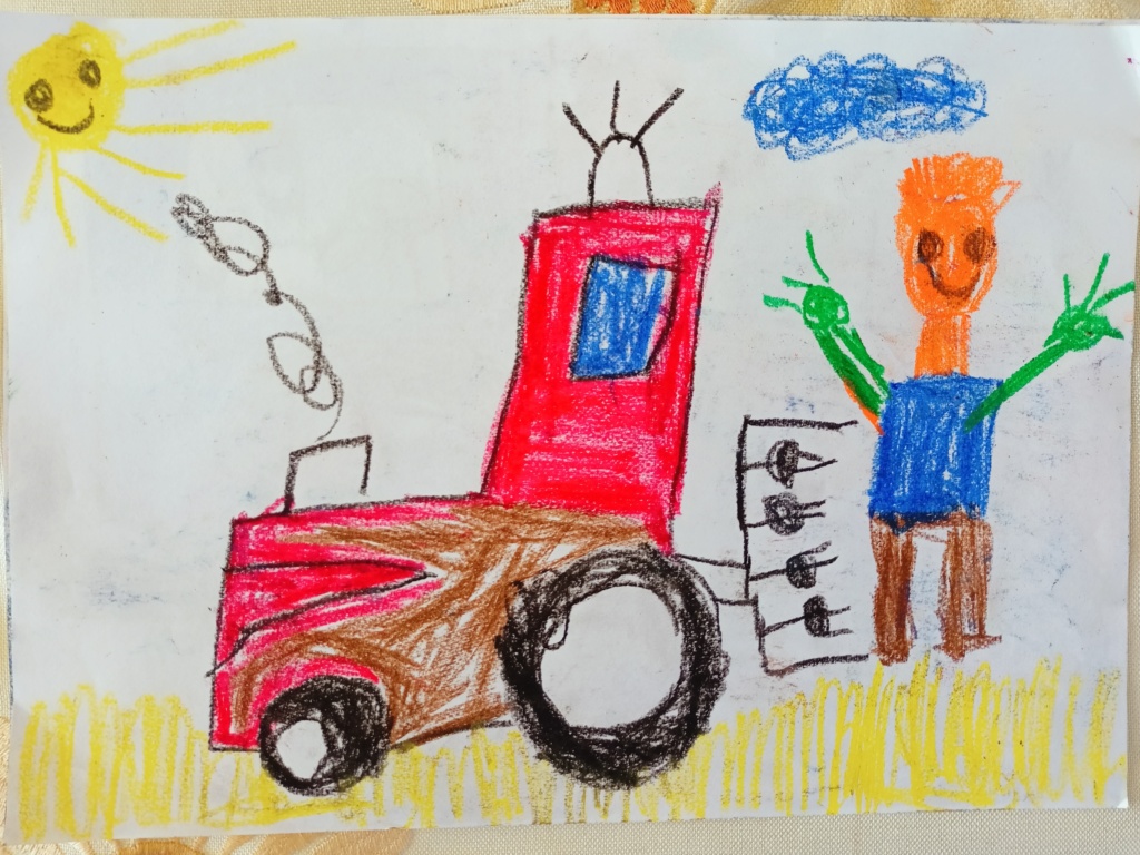 Kolorowy rysunek przedstawia traktor i rolnika