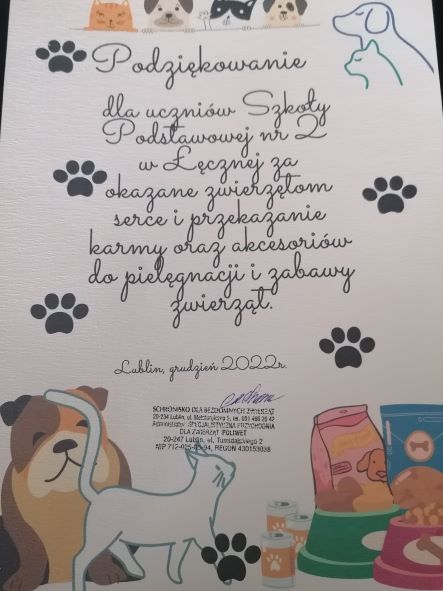 Dołączone zdjęcie przedstawia podziękowanie za zbiórkę karmy i innych akcesoriów dla zwierząt ze Schroniska dla bezdomnych zwierząt w Lublinie.