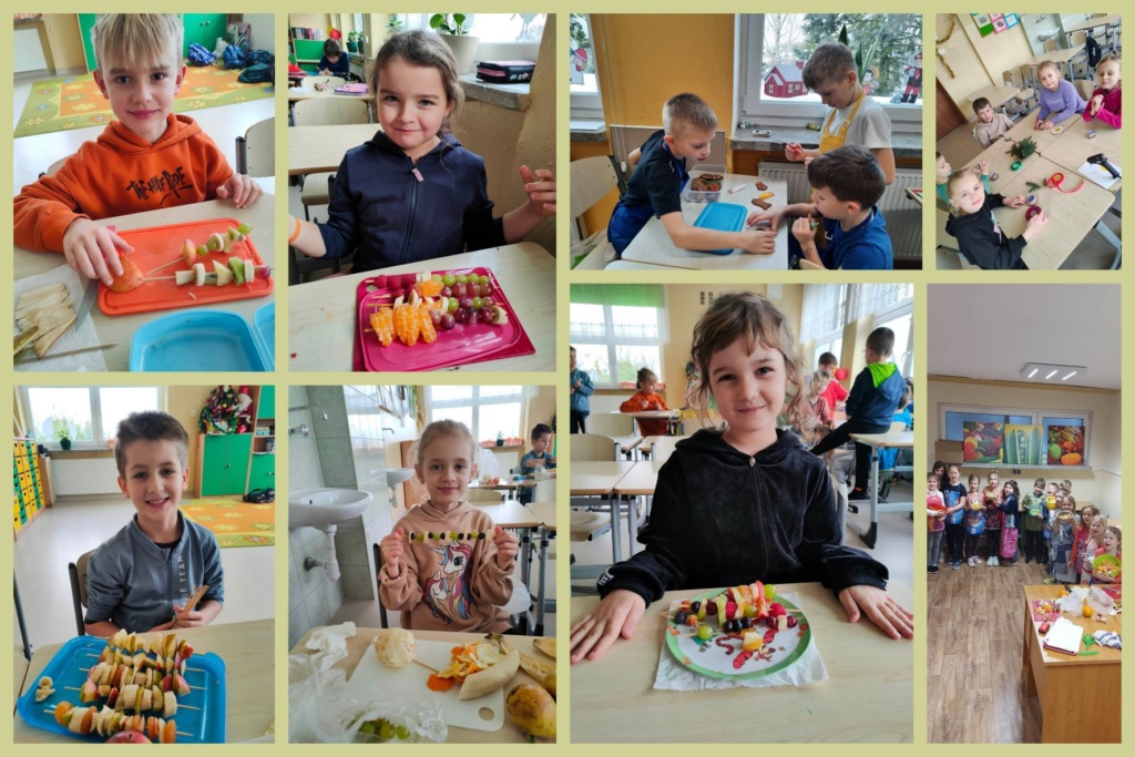 Barwny kolaż zdjęć przedstwia siedzących przy stolikach wychowanków klas 1 i 2. Dzieci zdobią pierniki , pozują ze stroikami świątecznymi oraz szaszłykami owocowymi.
