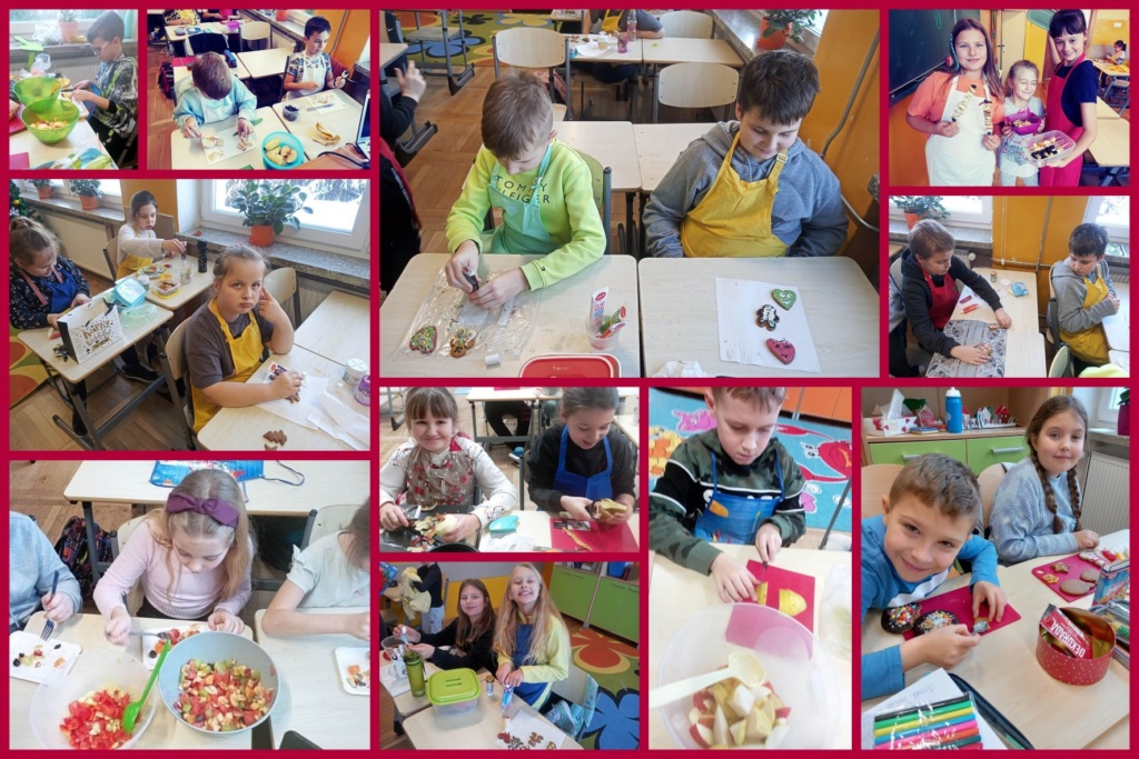 Barwny kolaż zdjęć przedstwia dzieci z klas 3 podczas wykonywania sałatek, szaszłyków owocowych oraz zdobienia pierników.