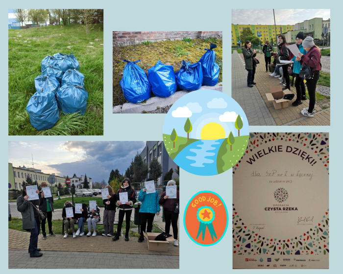 Zadowoleni uczniowie trzymający podziękowania/dyplomy za udział w akcji "Operacja Czysta Rzeka". Niebieskie worki wypełnione zebranymi śmieciami.