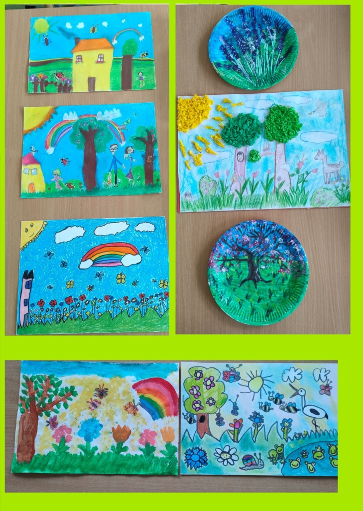Zdjęcie przedstawia nagrodzone prace plastyczne, na których dzieci malowały wiosnę.
