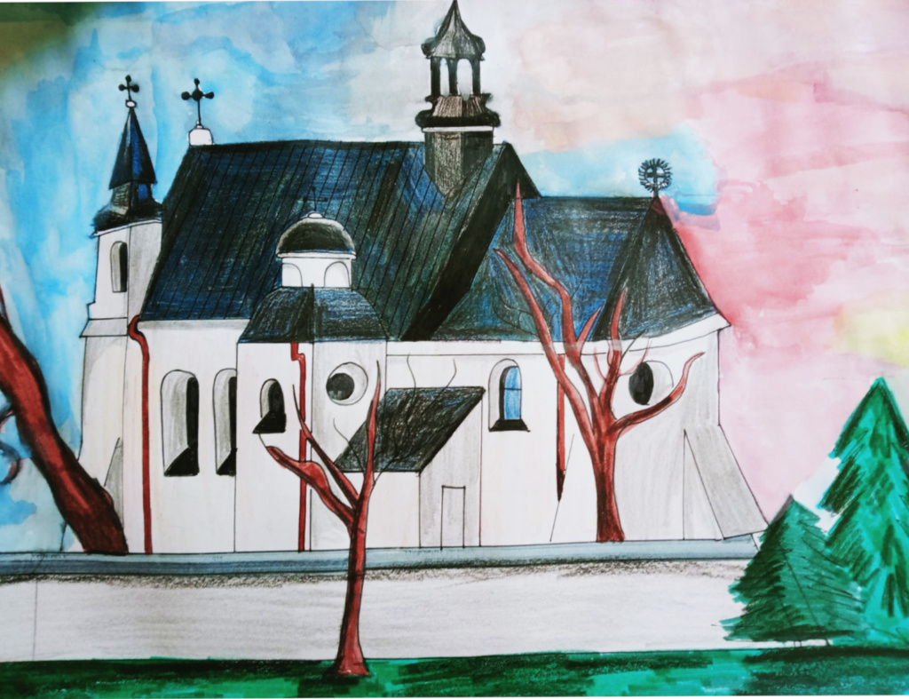 Opis alternatywny Praca plastyczna autorstwa Julii Pogody przedstawiająca kościół w Łęcznej.
