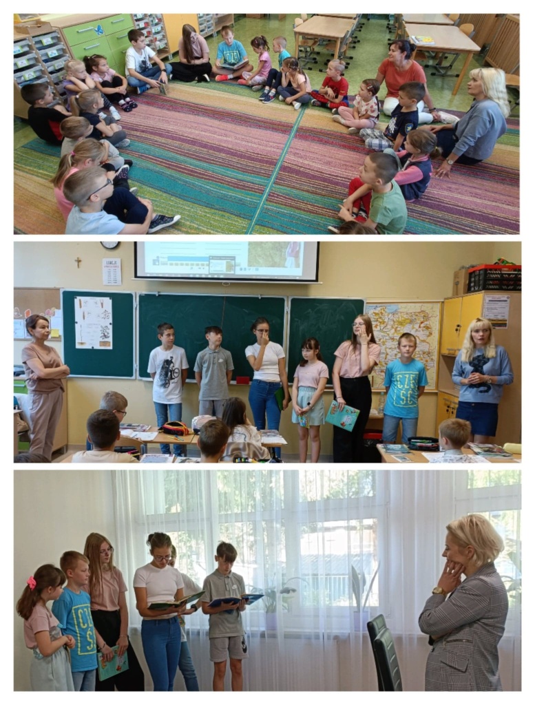 uczniowie z Samorządu Uczniowskiego kl. 5-8 czytają uczniom z kl. 0-3 i pani dyrektor Małgorzacie Fryt