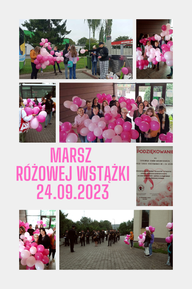 Kolaż zdjęć przedstawiający uczniów trzymających różowe balony.