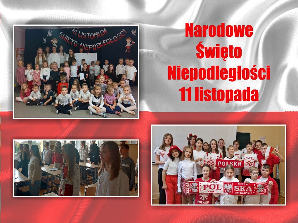 dwa slajdy prezentujące młodzież SP2 na grupowych zdjęciach, na których stoją ubrani w polskie barwy narodowe, uczniowie wykonujący kotyliony oraz gazetki ścienne.