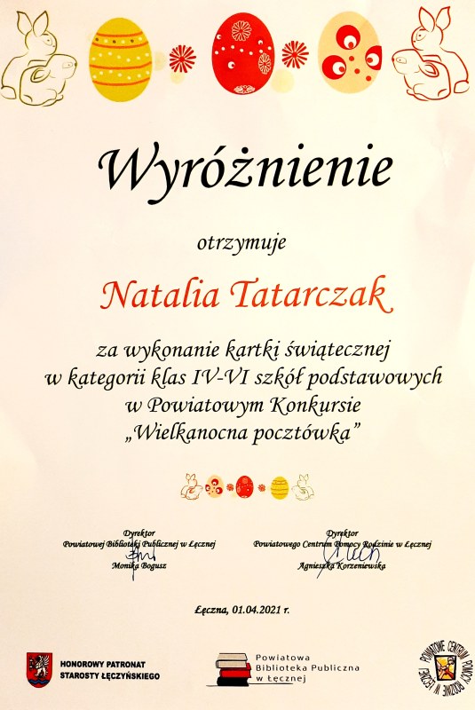 Wyróżnienie za wykonanie kartki świątecznej w kategorii klas 4-6 szkół podstawowych w Powiatowym Konkursie ŚWIĄTECZNA POCZTÓWKA