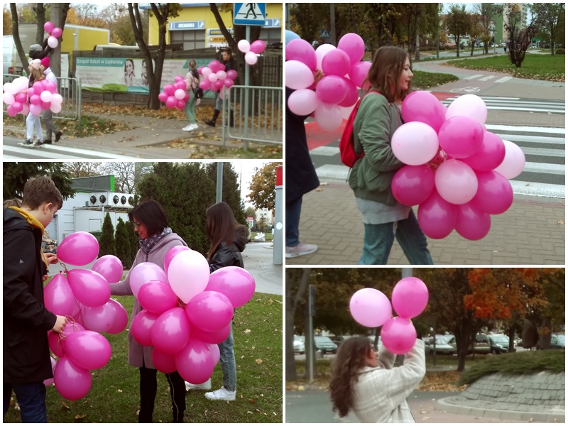kolaż zdjęć z marszu różowej wstążki. Młodzież z różowymi balonami w szkole i na ulicach Łęcznej
