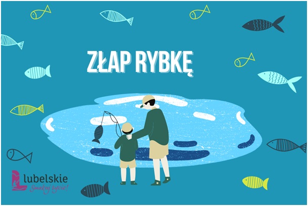 Logo konkursu złap rybkę. dorosły i dziecko łowią rybę