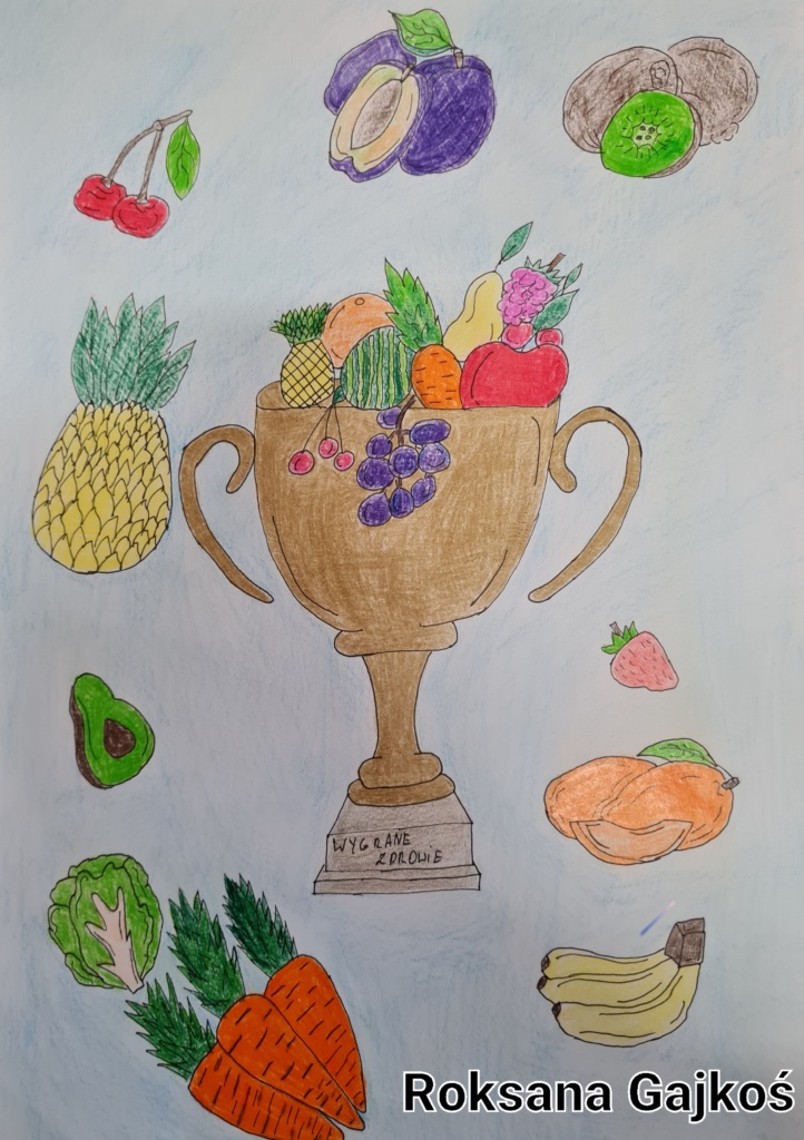 Zdjęcie przedstawia pracę plastyczną - III miejsce w konkursie, na której narysowano puchar pełen warzyw i owoców.