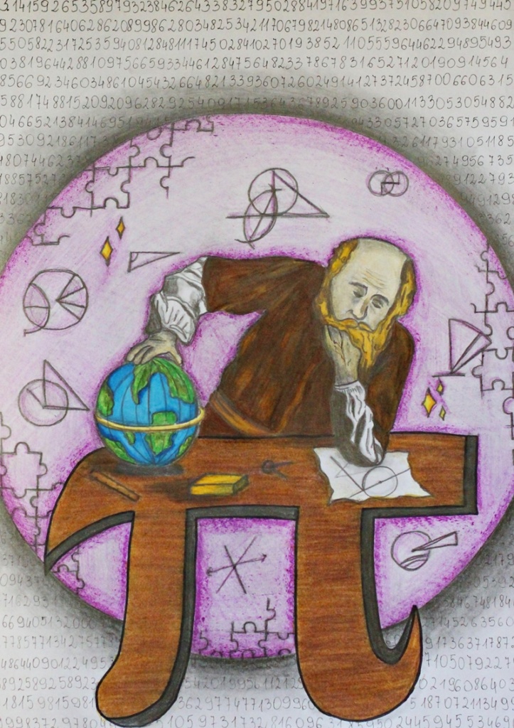 
Na zdjęciu jest Archimedes ubrany w brązowy płaszcz na tle fioletowej kuli ziemskiej. Stoi nad biurkiem w kształcie litery Pi. W jednej ręce trzyma globus, a drugą ręką podpiera brodę i myśli nad jakimś zadaniem.
