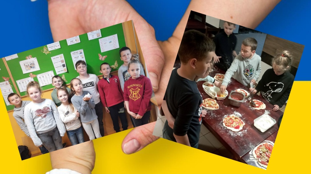 Kolaż zdjęć przedstawia uczniów pozujących na tle gazetki oraz podczas warsztatów pizzy.