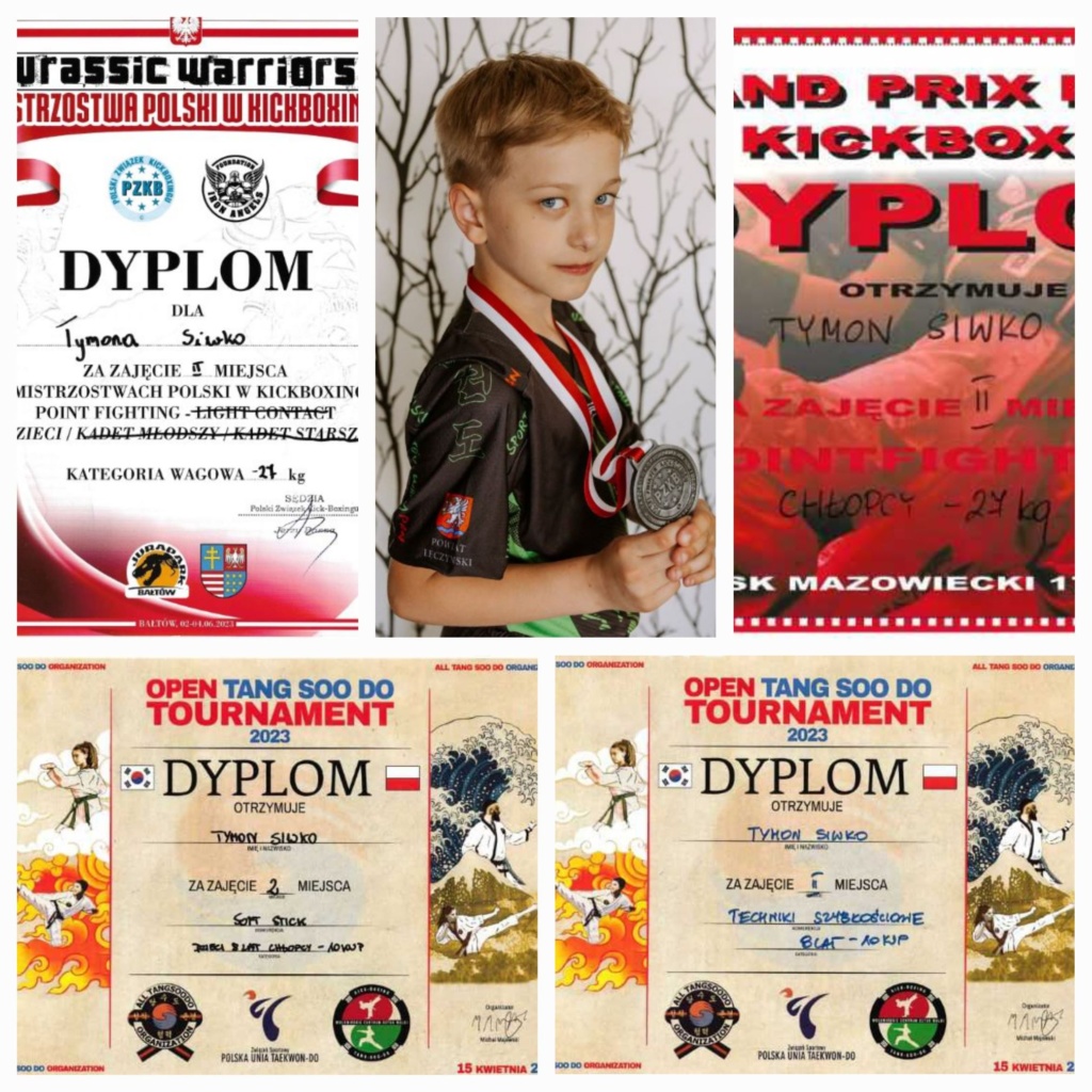 Kolaż zdęć na których jest Tymon i zdobyte przez niego dyplomy.