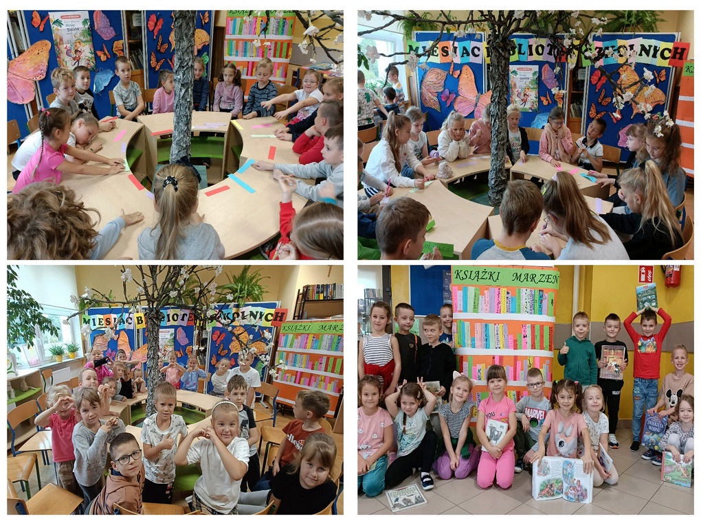 Zdjęcie przedstawia uczniów  kl. 0-3 w bibliotece szkolnej na spotkaniu Z okazji Międzynarodowego Miesiąca Bibliotek Szkolnych „Tu kwitnie wyobraźnia”