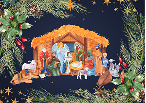 Ilustracja przedstawia szopkę bożonarodzeniową, przed którą są: mały Jezusek w żłóbku, Maria, Józef, Trzej Królowie, anioł, pasterze oraz zwierzęta: wielbłądy, woły, owce i kury.