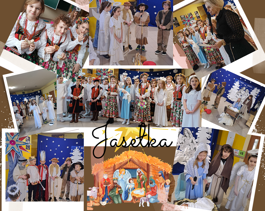 Kolaż przedstawia zdjęcia uczniów w strojach ludowych, królów, pasterzy, aniołów, Maryi i Józefa przed dekoracją jasełkową.