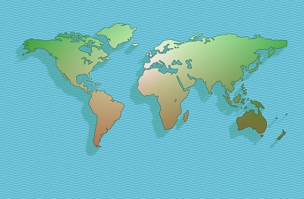 Zdjęcie przedstawia kontury kontynentów w odcieniu zieleni na niebieskim tle.