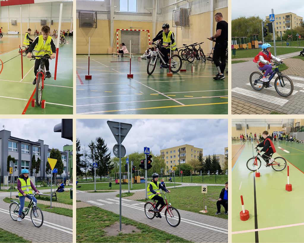 kolaż zdjęć, uczniowie naszej szkoły wykonują konkurencje rowerowe na torze przeszkód oraz na miasteczku rowerowym