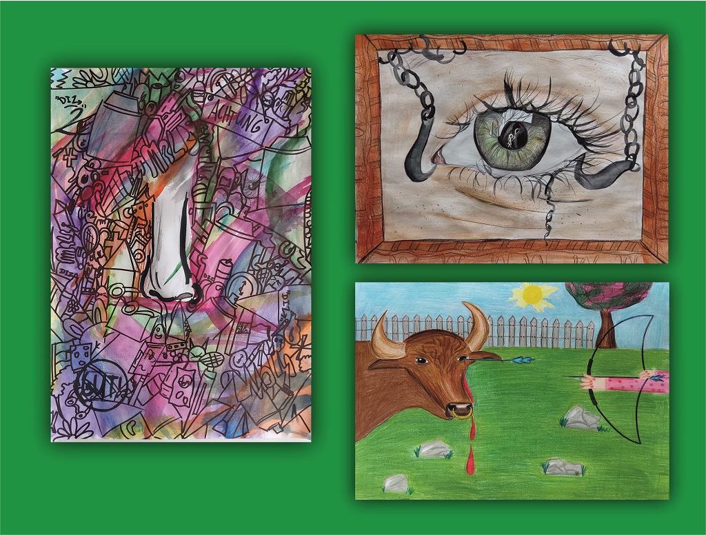 Na zielonym tle trzy nagrodzone prace w konkursie idiomy w obrazach w klasach siódmych