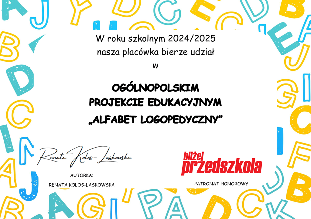 graficzne potwierdzenie udziału w ogólnopolskim projekcie edukacyjnym alfabet logopedyczny