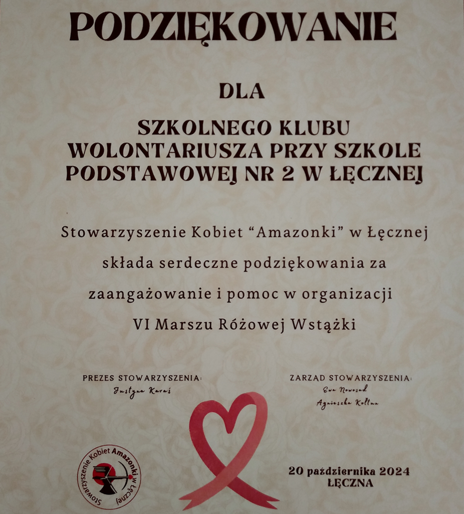 podziękowanie dla Szkolnego Klubu Wolontariusza