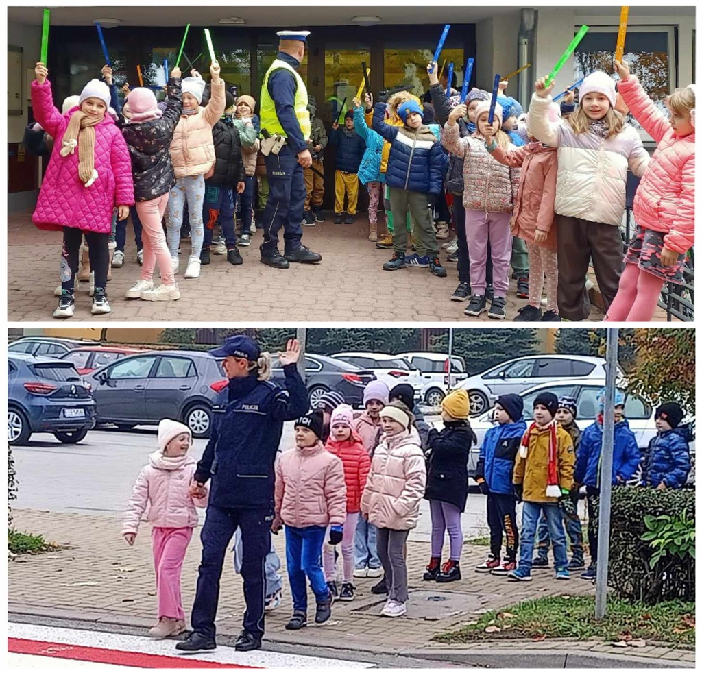 Kolaż, dzieci stojące przed szkołą mają uniesioną jedną rękę do góry i pokazują opaski odblaskowe. Poniżej przejście dla pieszych; uczniów prowadzi policjantka z uniesioną otwartą dłonią w geście stop