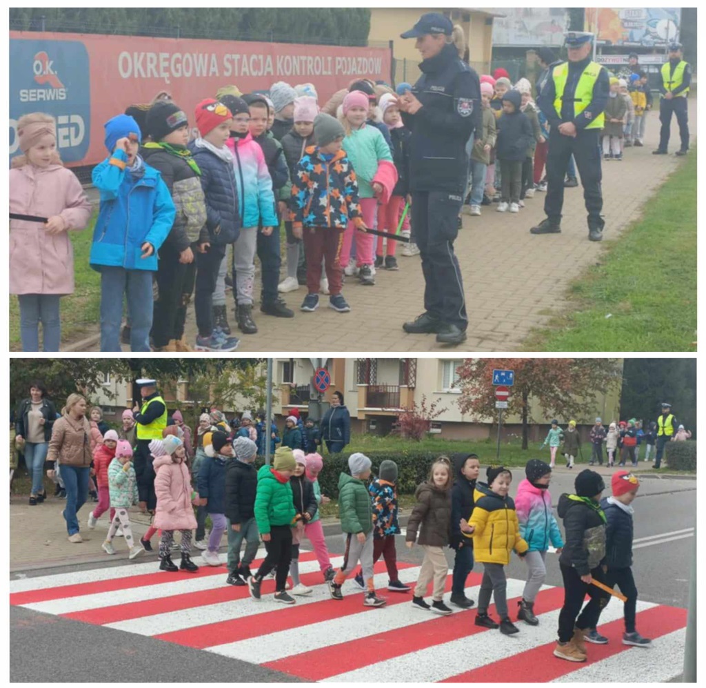 kolaż, kolumna uczniów stojąca na chodniku, razem z nimi 3 policjantów, poniżej przechodzących w kolumnie z opiekunami i policjantami przez przejście dla pieszych.