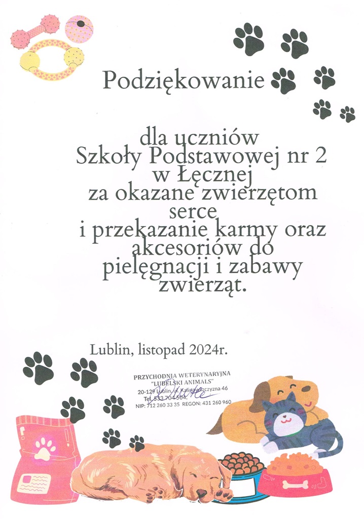 Podziękowanie dla uczniów SP nr 2 w Łęcznej, na dole 2 wesołe psy, kot i karma.