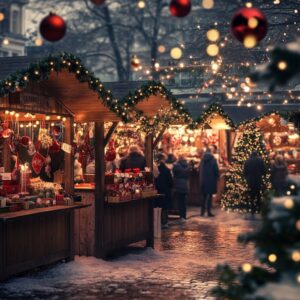 Jarmark bożonarodzeniowy w zimowym otoczeniu. Drewniane stoiska ozdobione girlandami i świątecznymi lampkami, w tle udekorowana choinka i spacerujący ludzie.