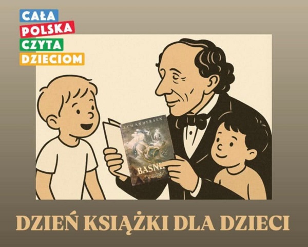 Hans Christian Andresen czyta dzieciom baśnie.