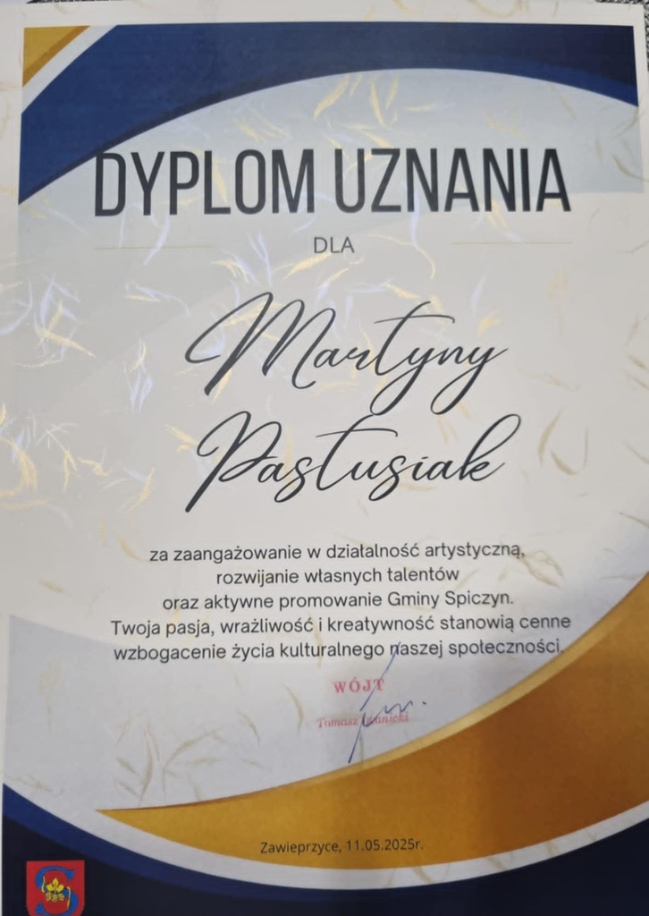 Dyplom Uznania za zaangażowanie w działalność artystyczną.