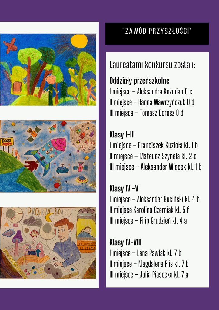 kolaż, trzy nagrodzone prace plastyczne oraz lista laureatów