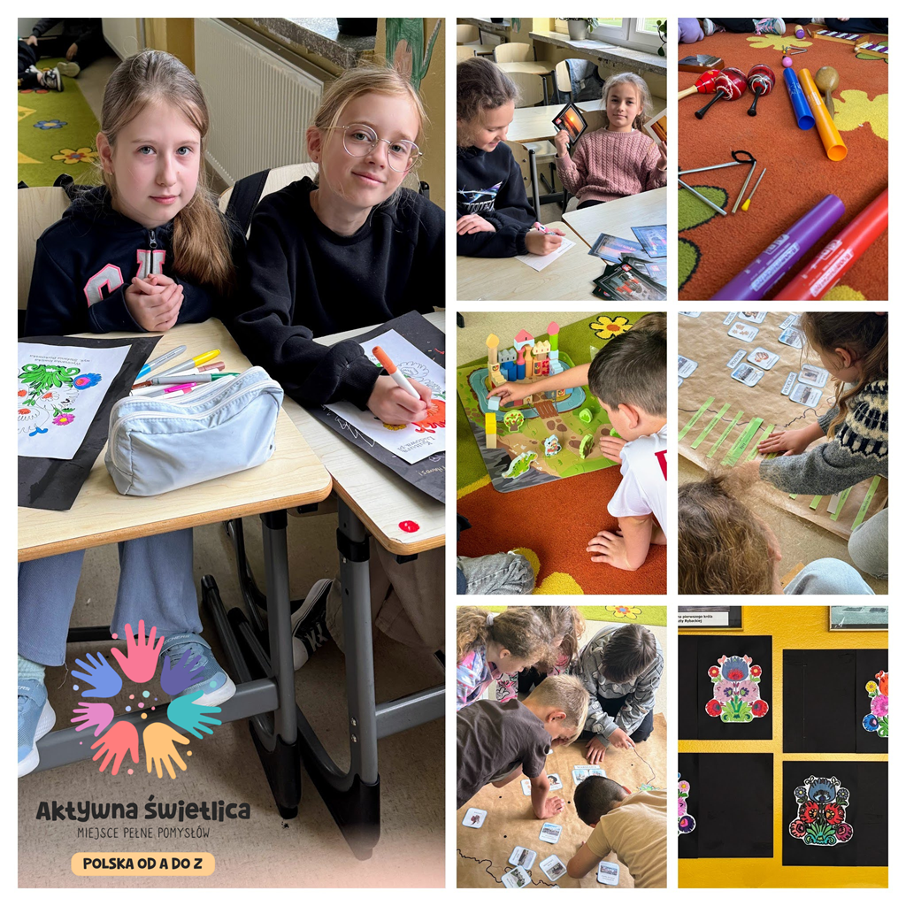 Dzieci kolorują rysunki, bawią się edukacyjnymi grami planszowymi, tworzą projekty z etykietami i ilustracjami.