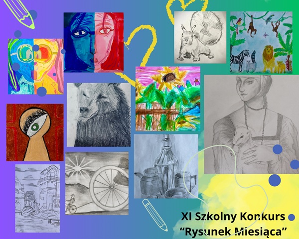 kolaż zdjęć wyróżnionych prac plastycznych Rysunek Miesiąca