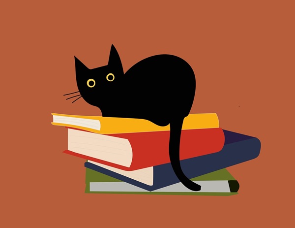 aminowany czarny kot na książkach