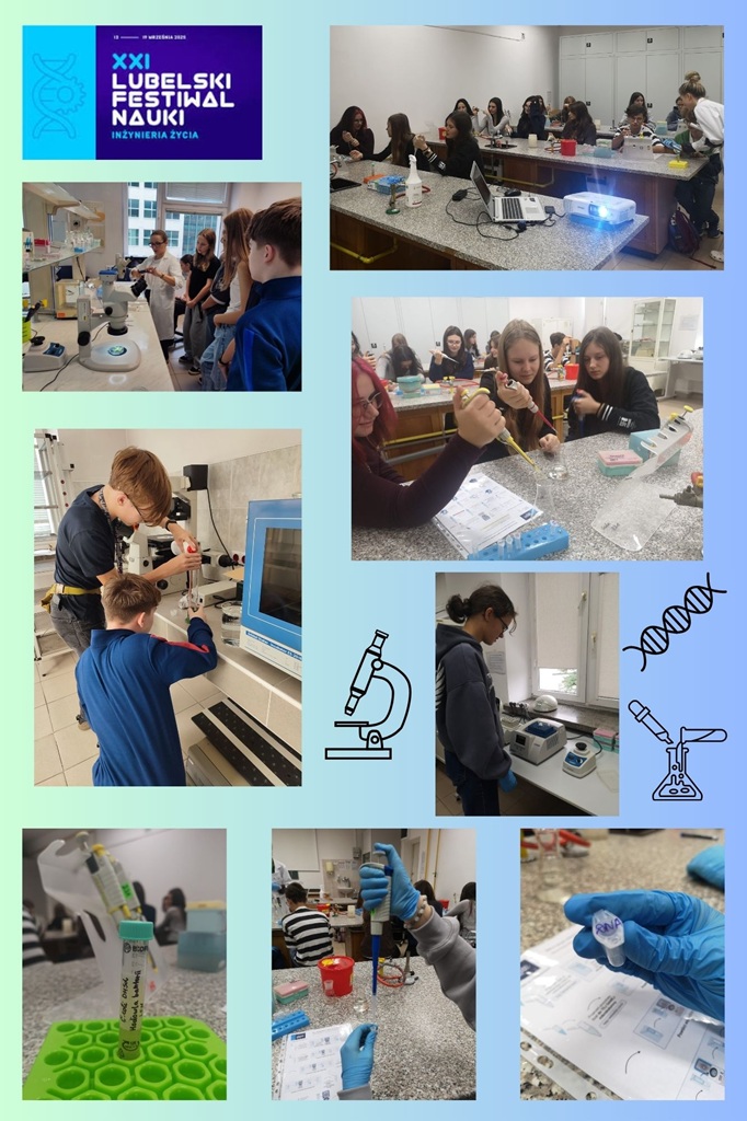 Kolaż. Uczniowie klas 8 podczas zajęć laboratoryjnych w salach ćwiczeń UMCS.