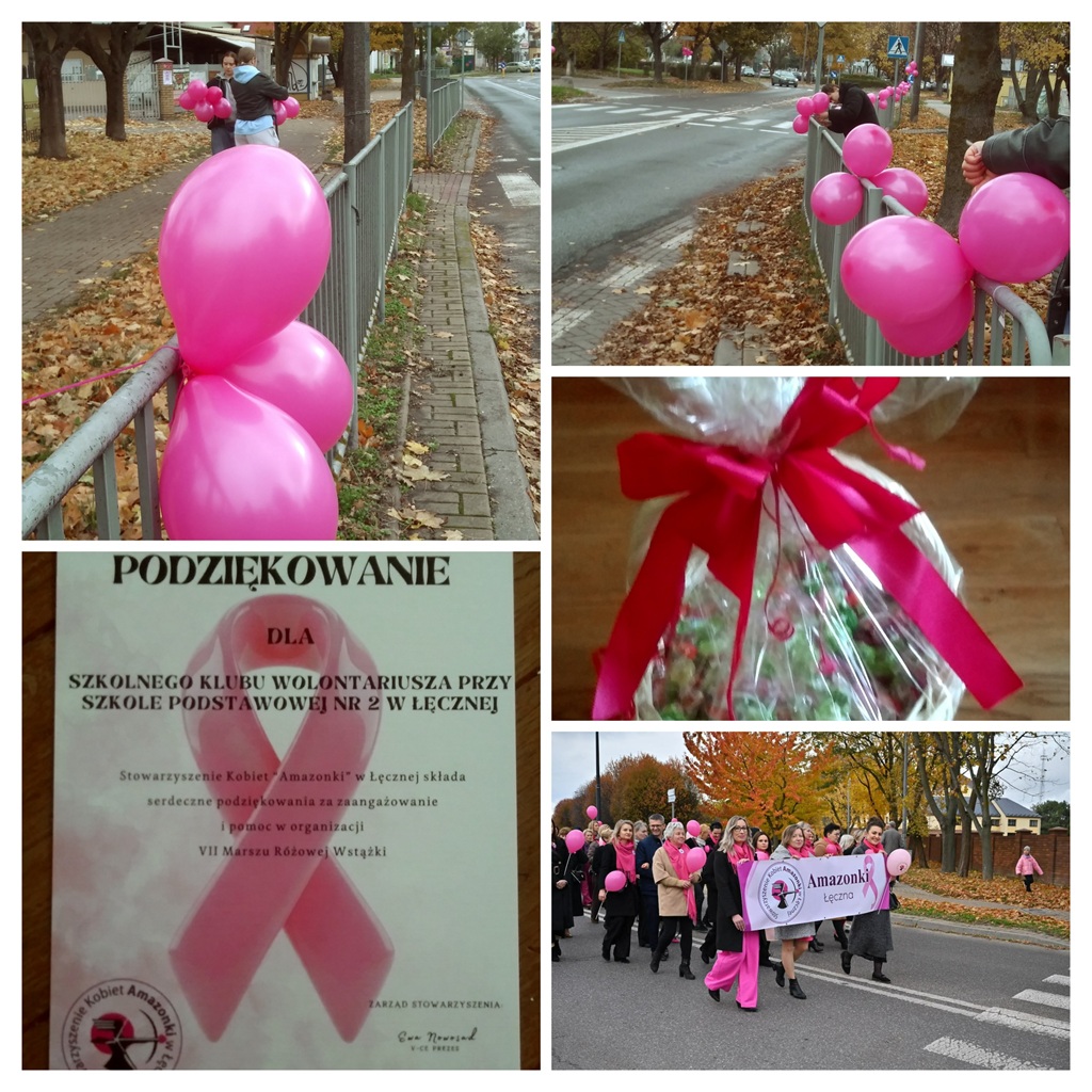 Kolaż – uczniowie zawieszający przy ulicy różowe balony, druk podziękowania dla wolontariuszy, koszyk z cukierkami.