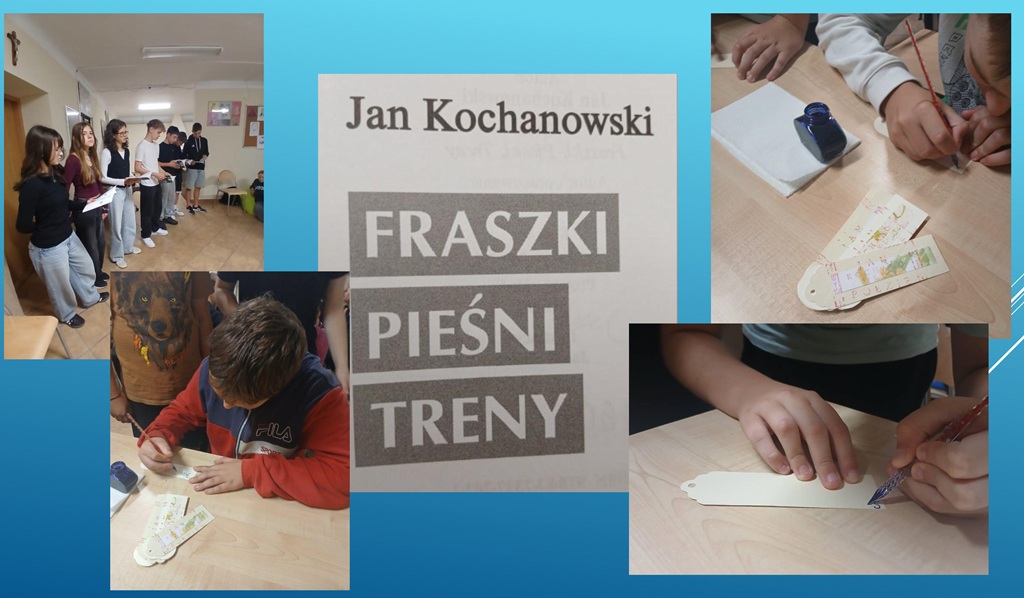 Kolaż zdjęć. Uczniowie stoją i czytają fraszki. Uczniowie piszą piórem na zakładkach.
