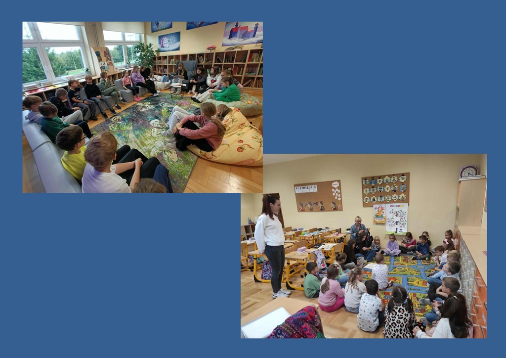 Kolaż zdjęć. W bibliotece- uczniowie czytają i słuchają. W Sali- starsi uczniowie czytają młodszym, którzy słuchają.