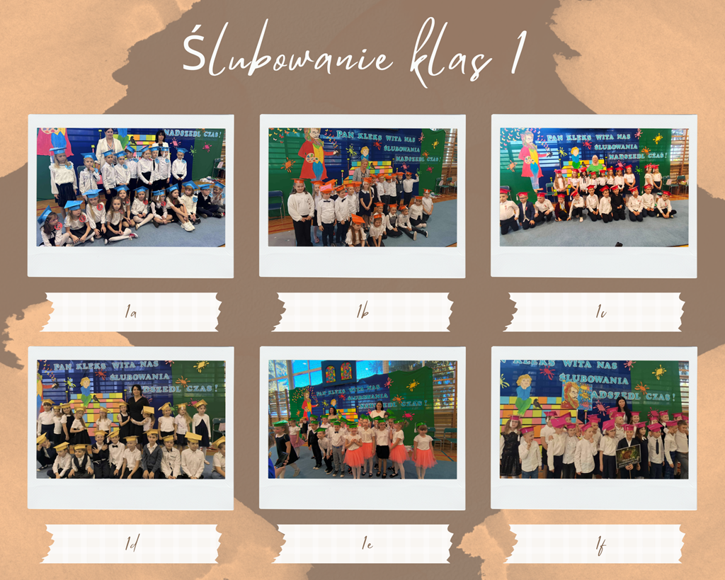 Uczniowie klas pierwszych w kolorowych biretach pozują do pamiątkowych zdjęć z wychowawcami klas.