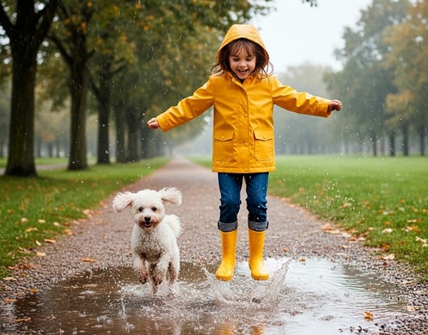 dziewczynka w żółtym płaszczu i żółtych kaloszach, skacze po kałuży, obok biały piesek