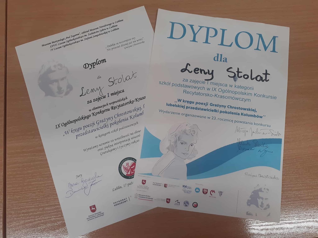 dyplomy Leny z etapu wojewódzkiego i Gali finałowej