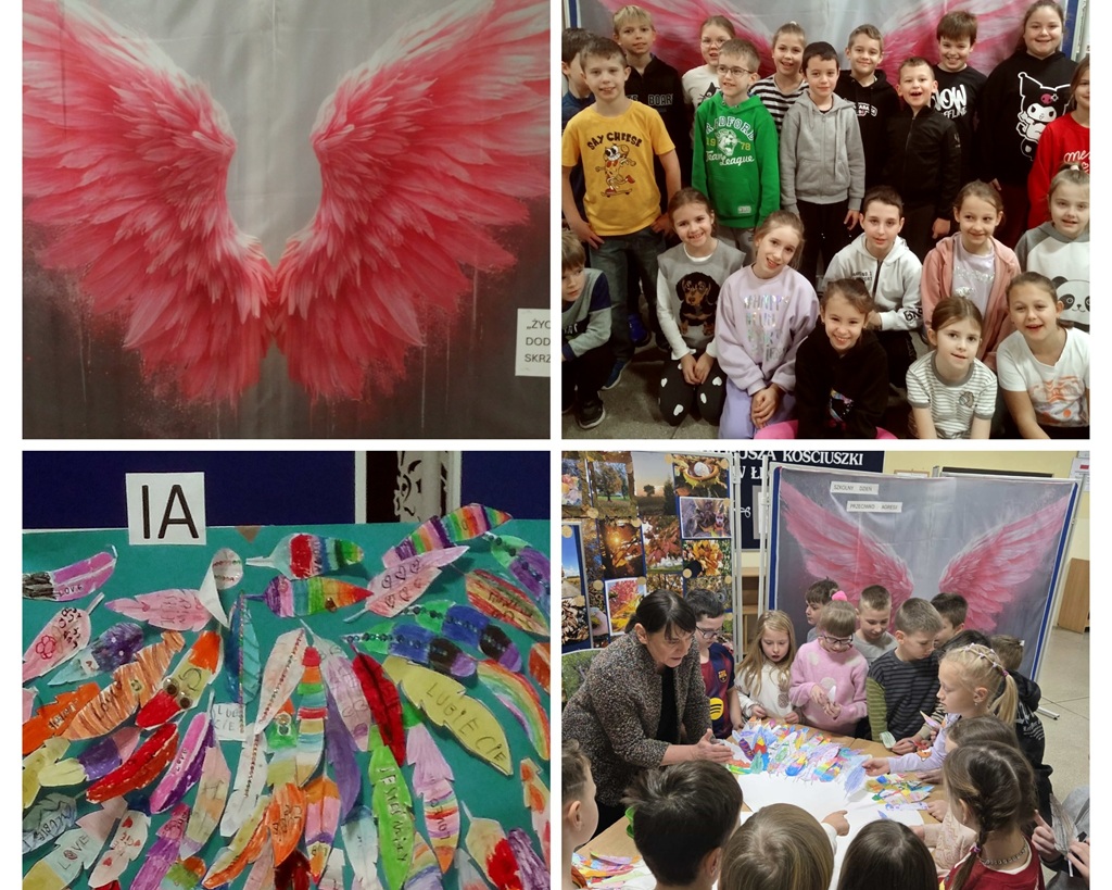 Collage różowe skrzydła, grupa dzieci na tle różowych skrzydeł, papierowe pióra z napisami.