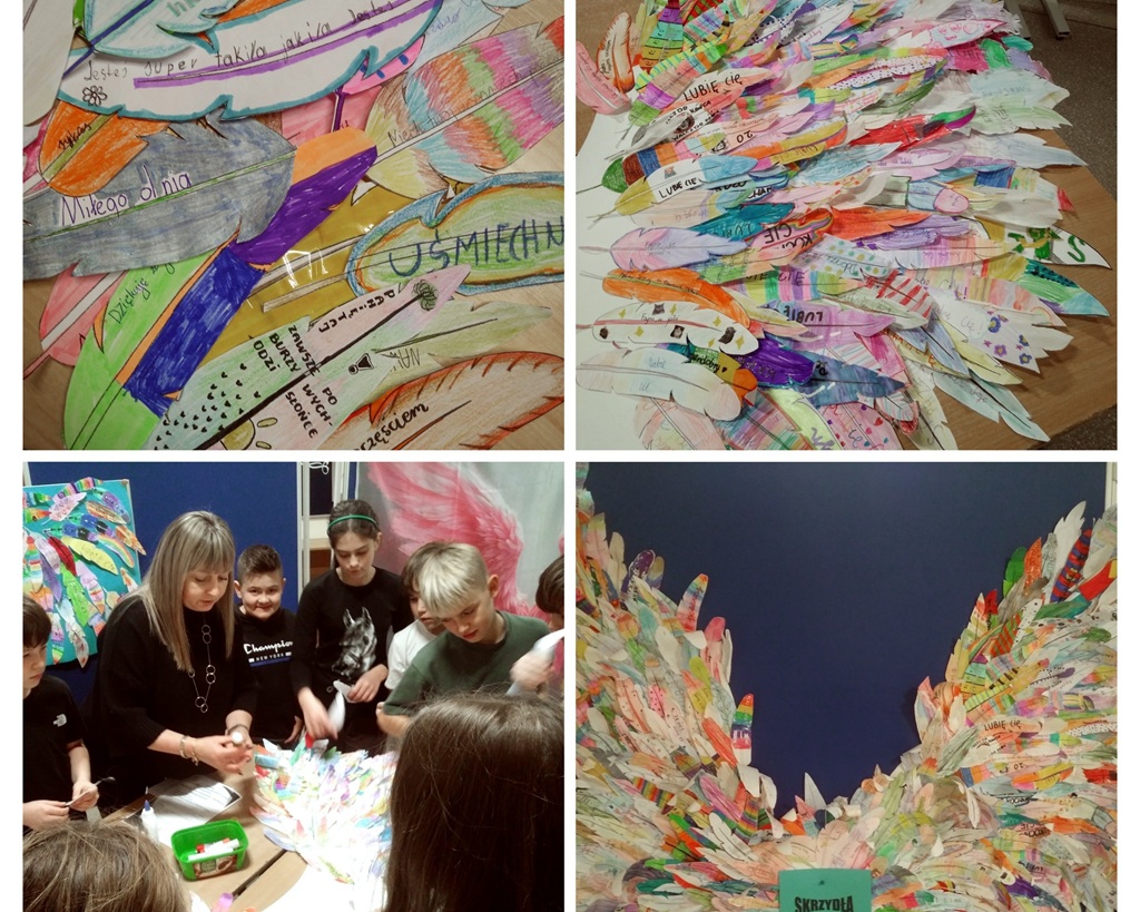 Collage - dzieci i nauczycielka przy stoliku, papierowe pióra z napisami, skrzydła z papierowych piór.